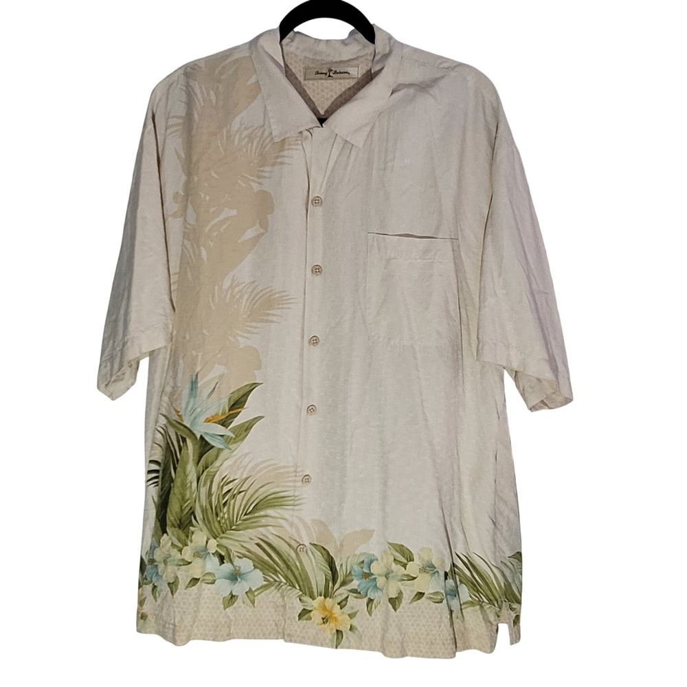 Tommy Bahama Button‎ Front Shirt Mens XL Ivory Silk Tropical Floral Border Print